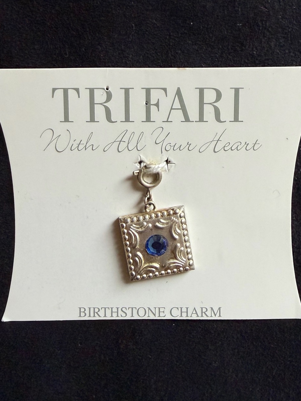 Trifari September Birthstone Sapphire Blue Charm Silver Tone Bracelet Pendant 1”
